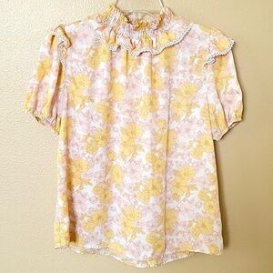 Alice Blue Yellow Pink Floral Smocked Neck Blouse - Size Medium